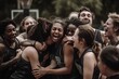 A candid shot of a diverse female basketball team celebrating a victory on an outdoor court, with players of various races, genders, and sizes hugging and cheering together. Generative AI