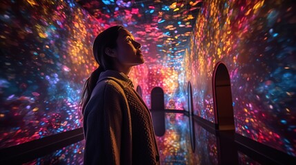 an awe-inspiring image of a person watching a 3d projection mapping show, capturing the wonder and e
