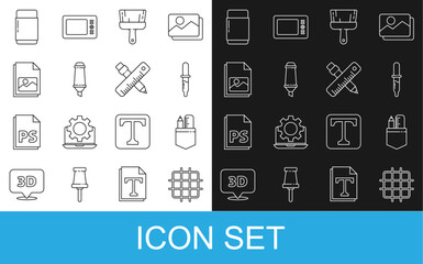 Poster - Set line Grid graph paper, Crossed ruler and pencil, Pipette, Paint brush, Marker, Picture landscape, Eraser or rubber and icon. Vector