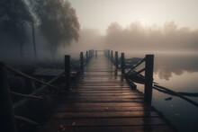 Wooden Pier In Misty Morning By The Lake. Generative AI