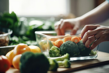 Woman putting cut fruit and vegetable into box and containers,  closeup. Generative AI.