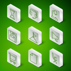 Poster - Set line Office chair, File document, Old hourglass, Mountains with flag on top, Floppy disk, Headphones, Shopping cart and Megaphone icon. Vector