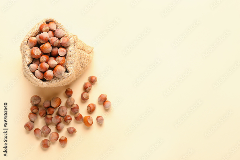 Sack bag with shelled hazelnuts on beige background