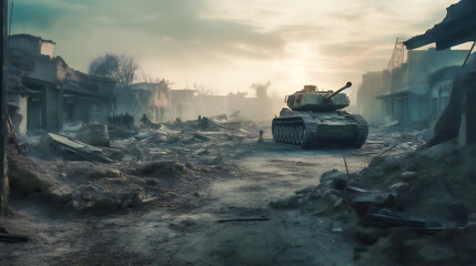 Wall Mural - Thundering Tank on the Battlefield.  In the Heart of the Battle. Generative AI