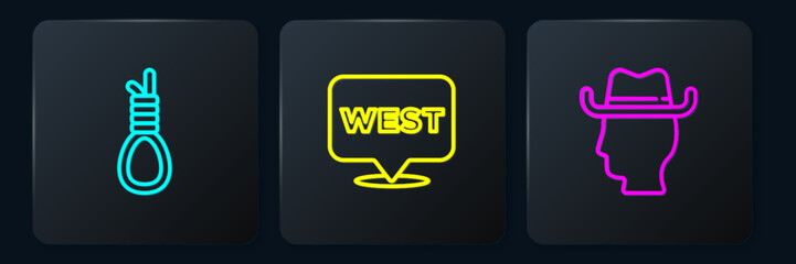 Poster - Set line Gallows rope loop hanging, Cowboy and Pointer to wild west. Black square button. Vector