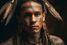 A Man With Tattoos On His Face Is Shown With The Word Indian On The Front. Generative Ai