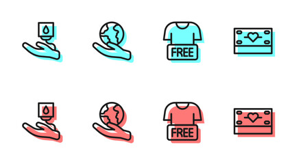 Set line Clothes donation, Blood, Hand holding Earth globe and Donation charity icon. Vector