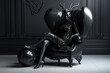 A woman in a deer costume sits in a chair in a black and white room. Generative Ai