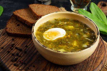 Wall Mural - Green soup with sorrel, meat and egg. Traditional sorrel borscht