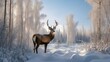 © Tuyres - Illustration of a majestic deer in a snow forest. Generative AI.