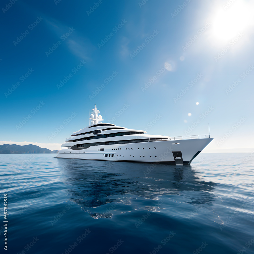 Superyacht is moving fast on the water top view. Motor Yacht in motion top view. A huge super Mega yacht in white on dark blue water created with Generative AI technology.