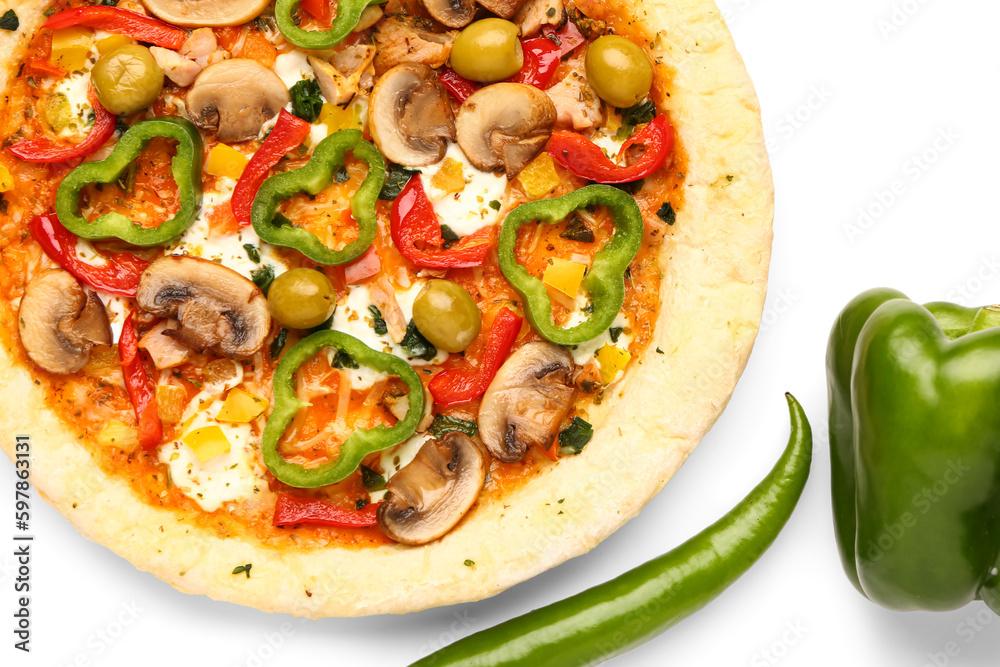 Vegetable pizza with pepper on white background