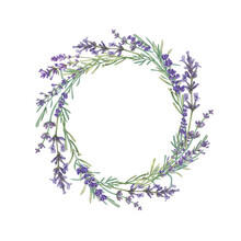 Round  Made Of Provencal Lavender Flowers. Watercolor  Of Purple Flowers. Botanical Plants. French Style. A Wreath With A Place For The Text. Suitable For Postcards, Leaflet, Package