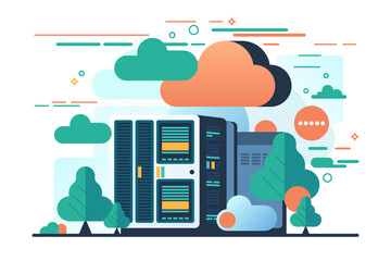 Hosting, cloud storage download flat vector illustration. Big data. Digital service or app with data transfering. Online computing technology. Server center and datacenter network