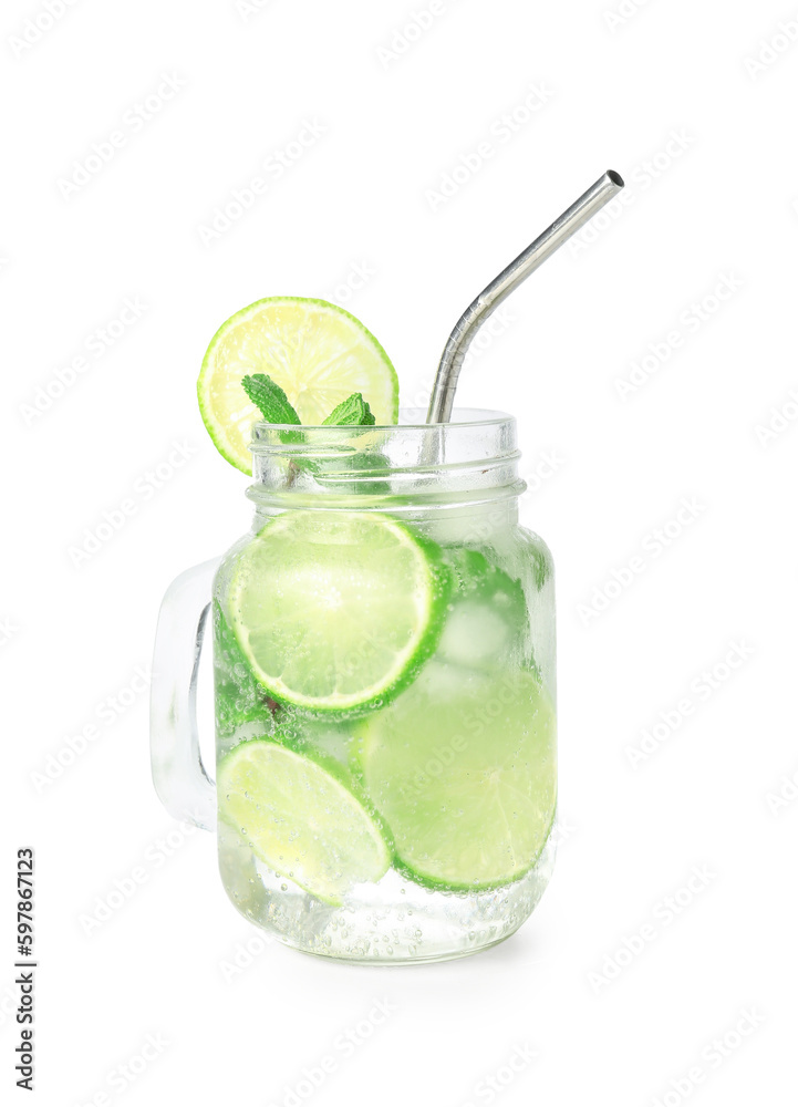 Mason jar of tasty mojito isolated on white background