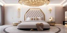 Photo Of A Luxurious White Bed With A Stunning Chandelier In A Bedroom