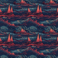 Sailboat during a storm in the ocean. AI generative illustration.