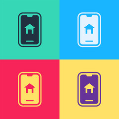 Poster - Pop art Online real estate house on smartphone icon isolated on color background. Home loan concept, rent, buy, buying a property. Vector