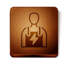 Poster - Brown Car mechanic icon isolated on white background. Car repair and service. Wooden square button. Vector