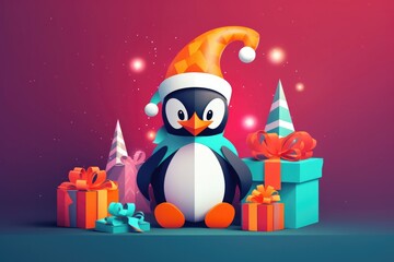 Wall Mural - Festive penguin wearing a Santa hat and sitting on a gift-wrapped present in front of a cozy fireplace, colorful paper art. Generative AI