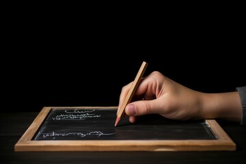 the hands of an woman writing on a blackboard with chalk, school, teacher, teacher's day concept, copy space, generative IA