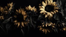 Extravagant Sunflowers. Sun Flower On Black Background. Floral Abstract Background In Golden Black Color Shades. Generative AI