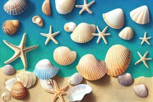Seashells, Sea Star And Stones On Sand. Design Element. Copy Space. Generative AI