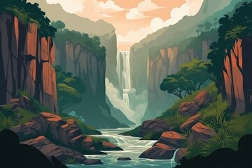 Wall Mural - Majestic waterfall cascading down a rocky cliff, surrounded by lush vegetation and misty atmosphere, creating a sense of tranquility and natural beauty. Illustration flat. Generative AI