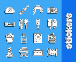 Sticker - Set line Plate, fork and knife, Photo camera, Ice cream, Headphones, Lollipop, Home stereo with two speakers, Music streaming service and Glass of champagne icon. Vector