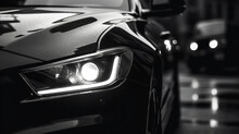 The Headlights Of A Black Car On The Street Stock Photo