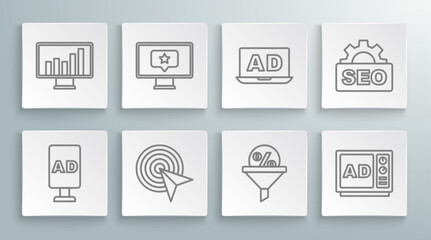 Sticker - Set line Advertising, Monitor with star, Target, Lead management, SEO optimization and graph chart icon. Vector