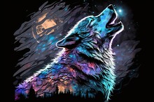 A Painting Of A Wolf Spirit Animal With A Full Moon In The Background
