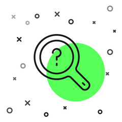 Poster - Black line Unknown search icon isolated on white background. Magnifying glass and question mark. Vector