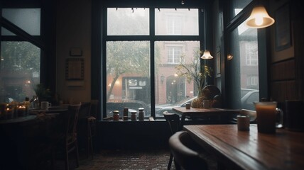 Wall Mural - ire through the window, rainy day coffee shop, generative IA