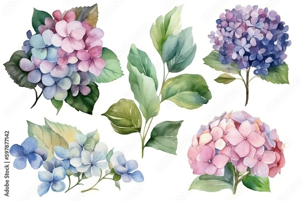 Watercolor floral bouquet of a blue and pink hydrangea with green blush ...