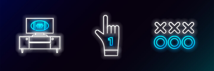 Sticker - Set line Planning strategy concept, American football tv program and stand and Number 1 one fan hand glove with finger raised icon. Glowing neon. Vector