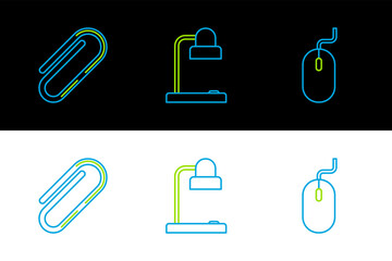 Poster - Set line Computer mouse, Paper clip and Table lamp icon. Vector