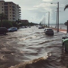 Wall Mural - Fort Myers City: Devastation After the Storm - Spectacular Landscape of Angry Sea and Flood Waters: Generative AI