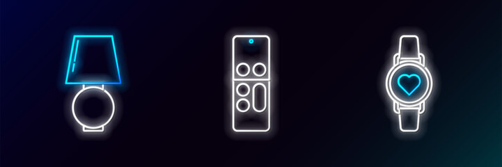 Poster - Set line Smart watch showing heart beat rate, Table lamp and Remote control icon. Glowing neon. Vector
