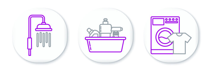 Sticker - Set line Washer and t-shirt, Shower head with water drops flowing and Plastic bottles for liquid dishwashing liquid icon. Vector