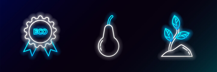 Poster - Set line Sprout, Banner, label, tag, logo for eco and Pear icon. Glowing neon. Vector