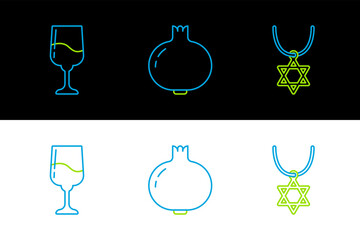 Sticker - Set line Star of David necklace on chain, Jewish goblet and Pomegranate icon. Vector