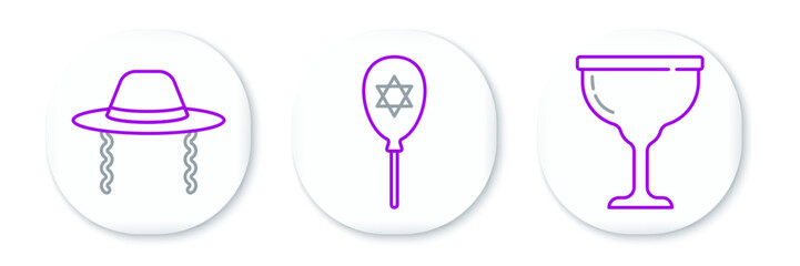 Wall Mural - Set line Jewish goblet, Orthodox jewish hat and Balloon with star of david icon. Vector