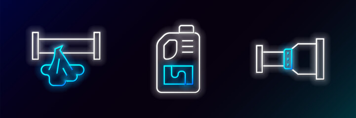 Canvas Print - Set line Pipe adapter, Broken pipe and Drain cleaner bottle icon. Glowing neon. Vector