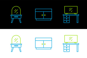 Sticker - Set line TV table stand, Dressing and Chest of drawers icon. Vector