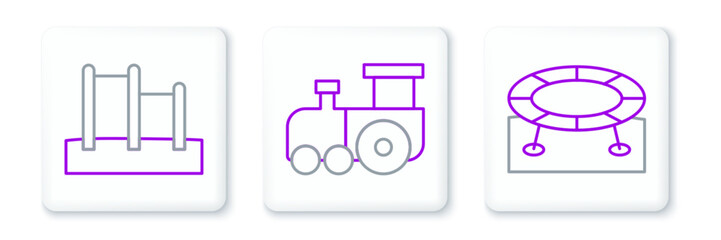 Canvas Print - Set line Jumping trampoline, Horizontal bar and Toy train icon. Vector