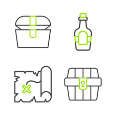 Sticker - Set line Antique treasure chest, Pirate map, Alcohol drink Rum and icon. Vector