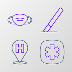 Sticker - Set line Emergency - Star of Life, Location hospital, Surgery scalpel and Medical protective mask icon. Vector