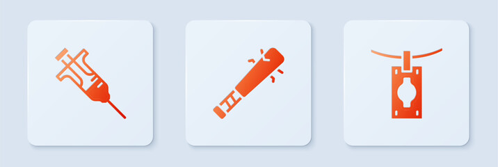 Sticker - Set Baseball bat with nails, Syringe and Money laundering. White square button. Vector