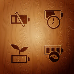 Sticker - Set Eco nature leaf battery, Low, and Battery charge on wooden background. Vector